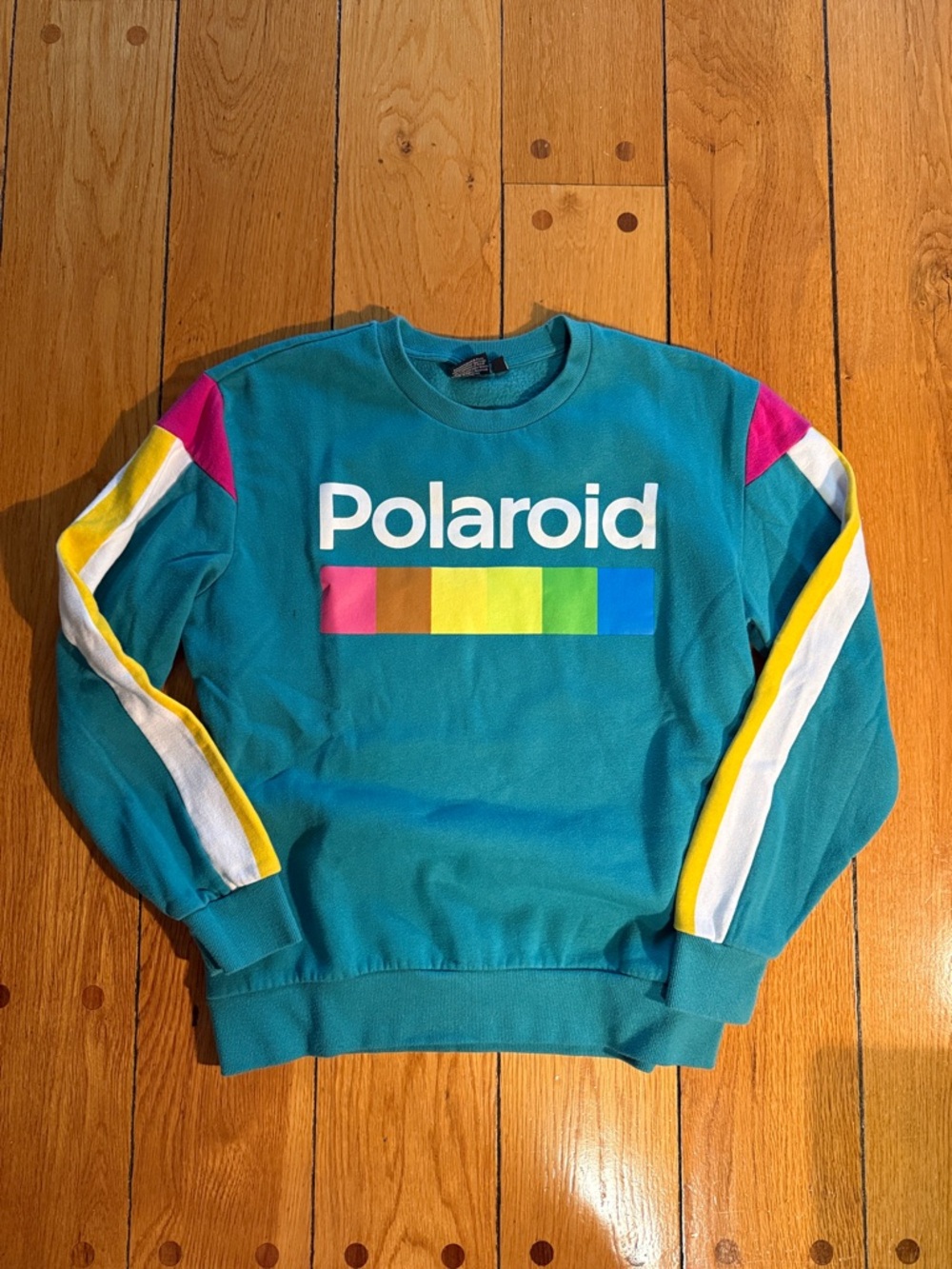 Polaroid Teal Crewneck Sweater with Multicolor Stripe Bar